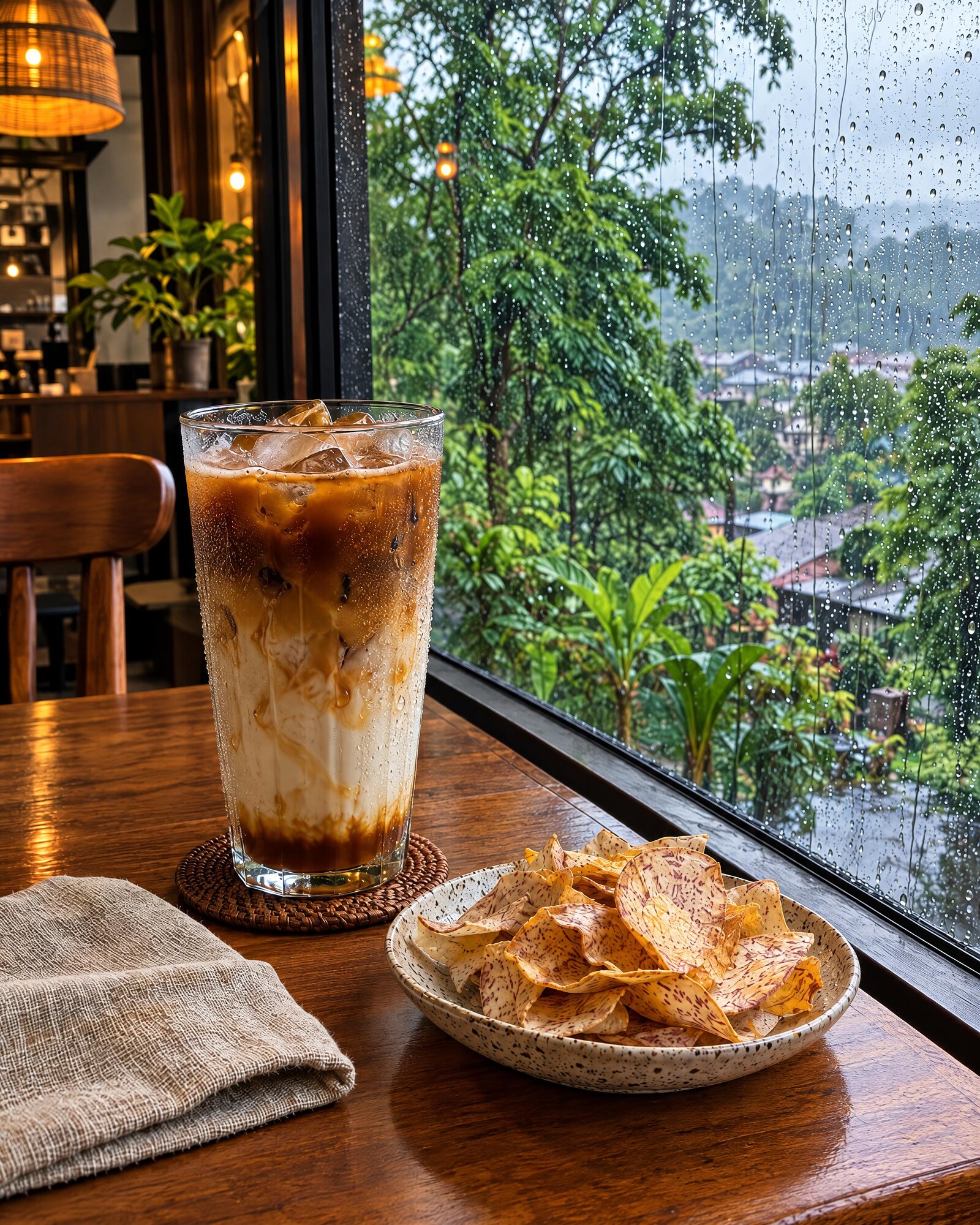 Es kopi susu aren dan keripik talas di meja dekat jendela saat hujan