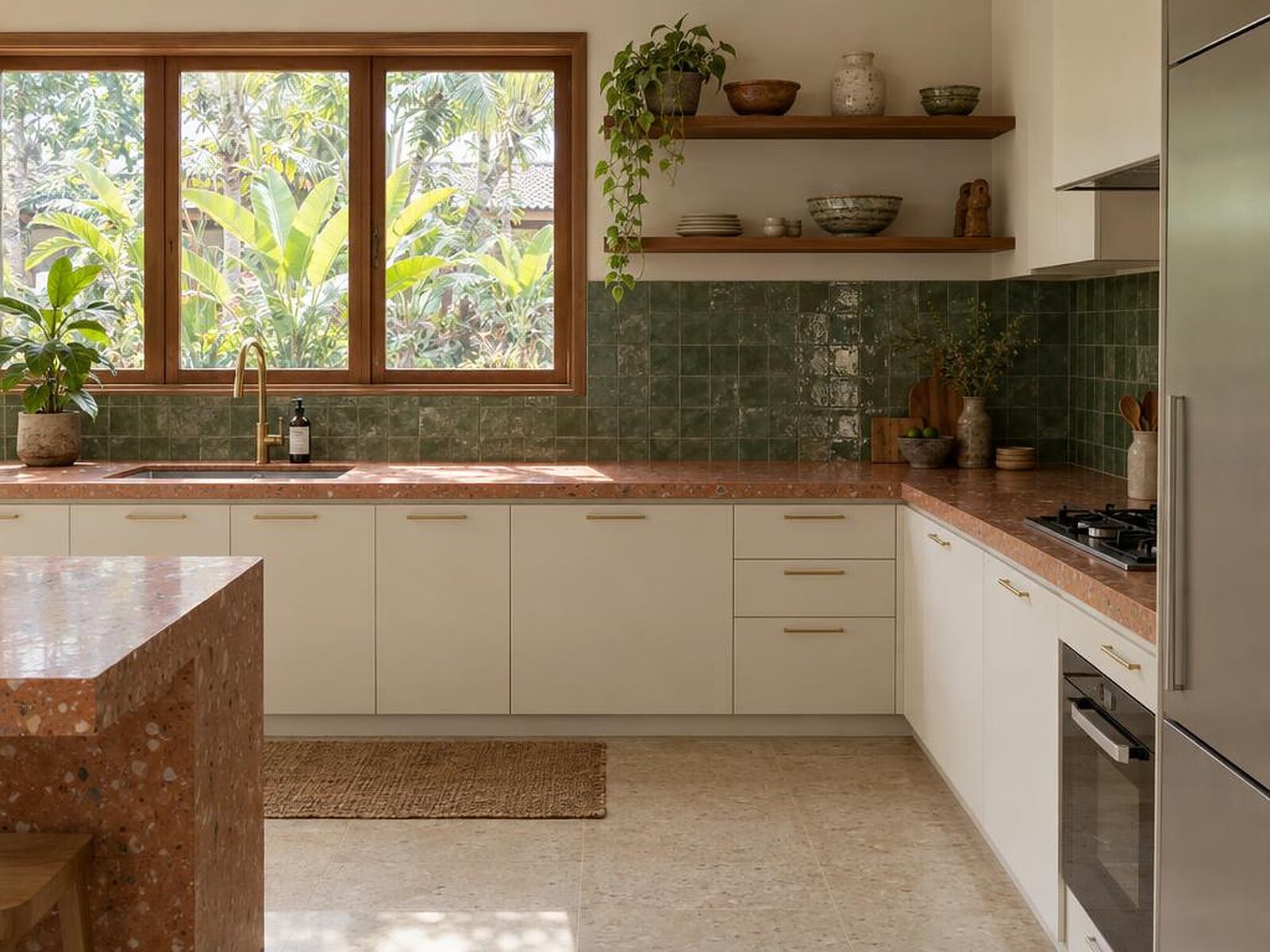 Dapur dengan meja terrazzo terakota dan keramik hijau