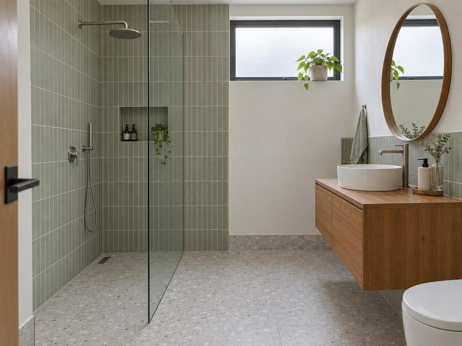 Kamar mandi dengan keramik hijau sage dan wastafel kayu jati