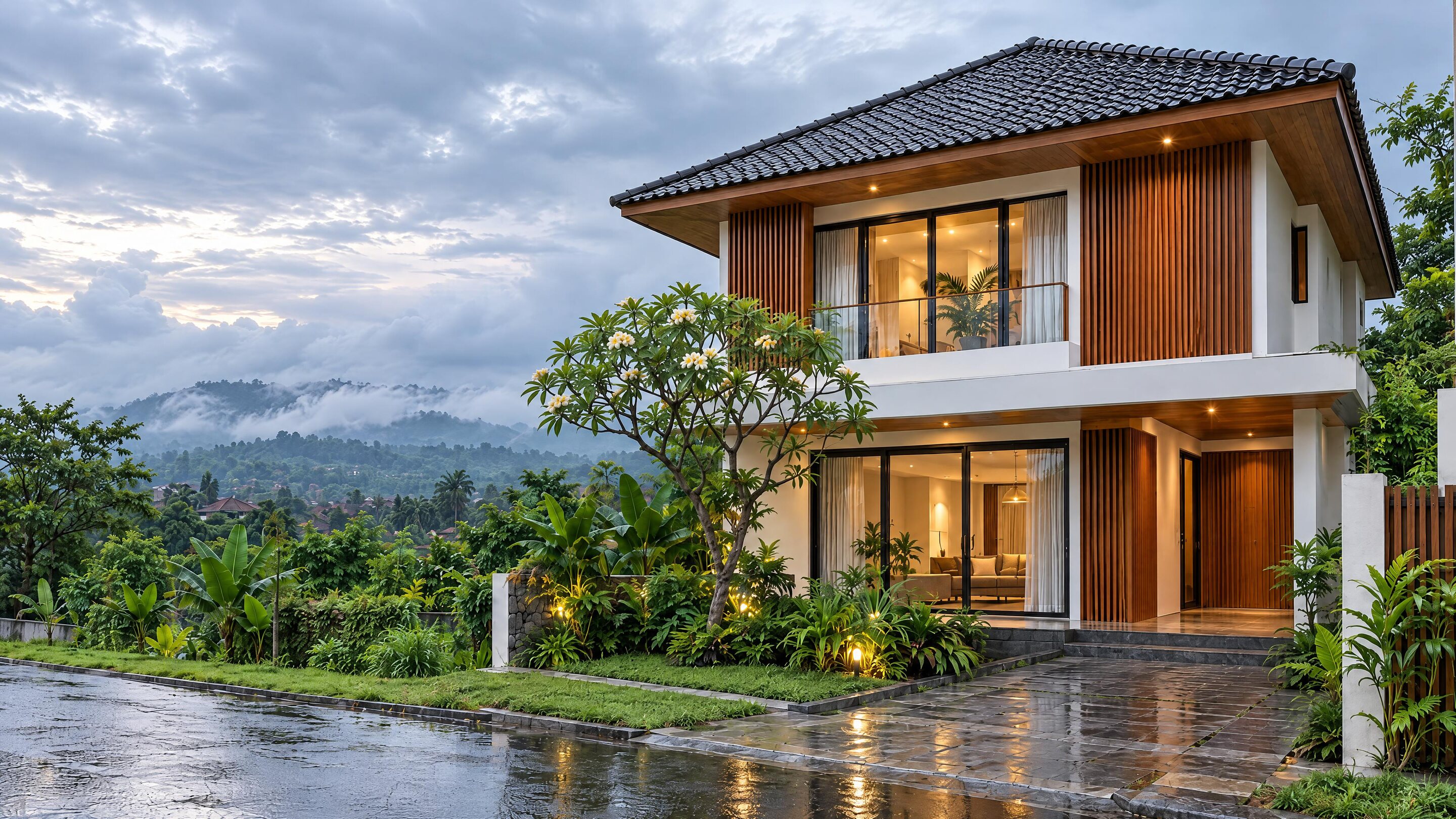 Rumah dua lantai bergaya tropis modern setelah renovasi, sore hari setelah hujan